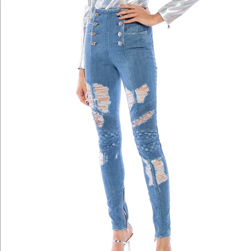 New Balmain Distressed Moto Skinny Jeans Size 36FR/4US